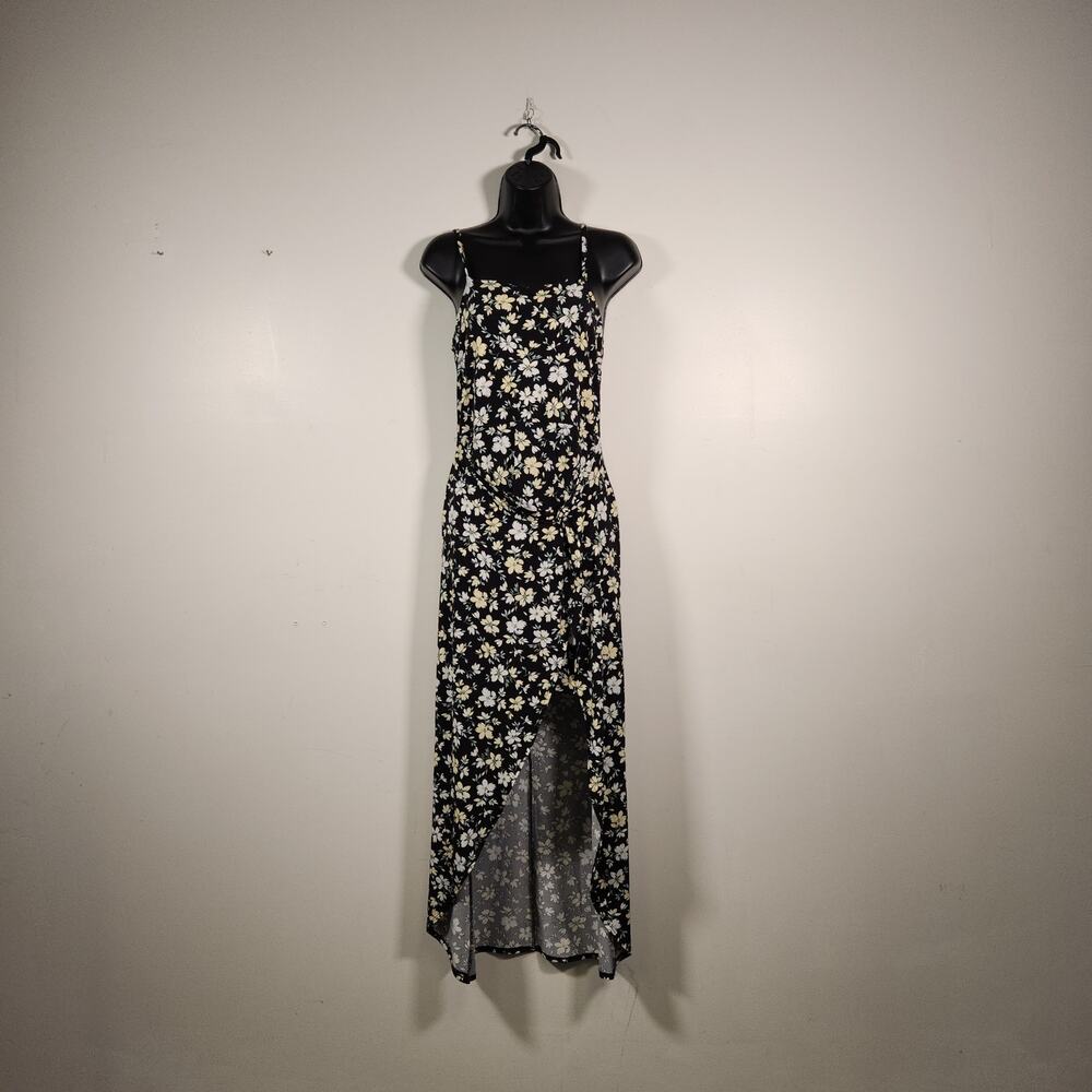 NO BO NO BOUNDARIES High Low Slip Wrap Dress Womens M Ditsy Floral Black Yellow
